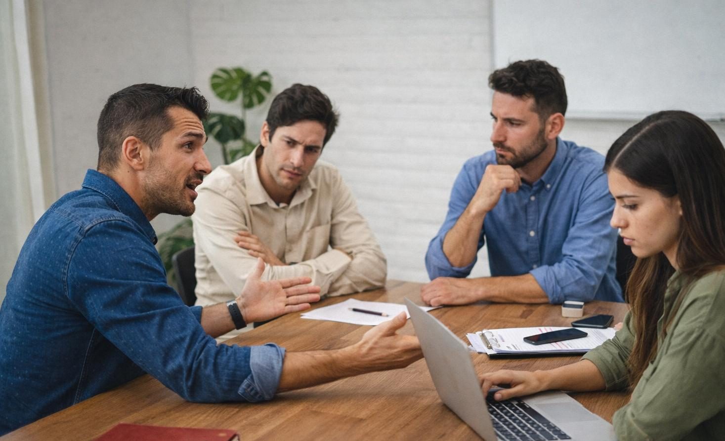 קונפליקט בצוות עבודה תחת עומס - ישיבת צוות עם מתח וחיכוך בין עובדים.