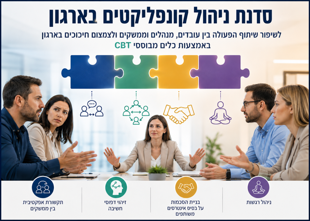 סדנת ניהול קונפליקטים בארגון לשיפור שיתוף הפעולה בין עובדים, מנהלים וממשקים באמצעות כלים מבוססי CBT