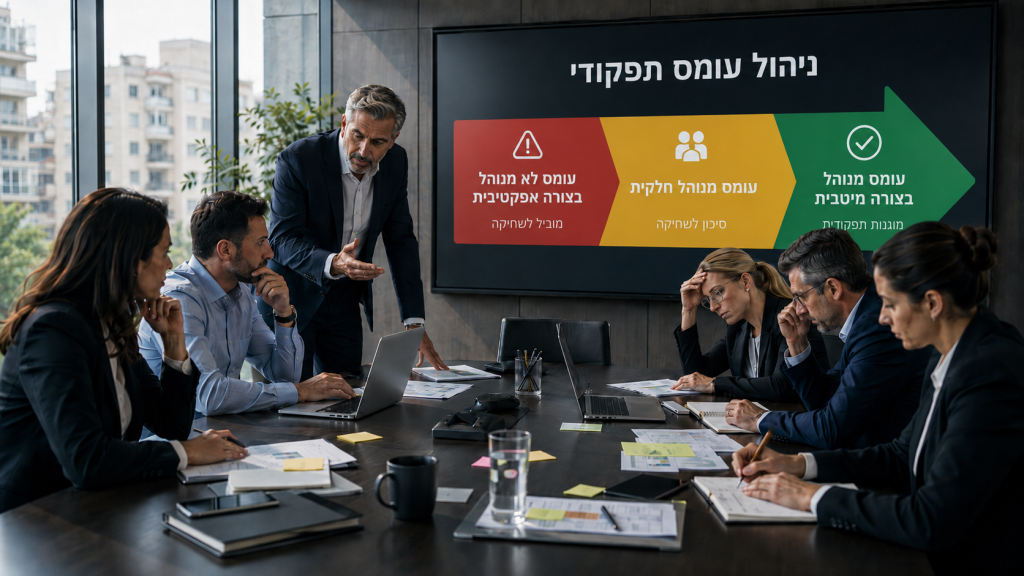 צוות מנהלים בחדר ישיבות מנתח מפת עומס תפקודי לקבלת החלטות תחת עומס